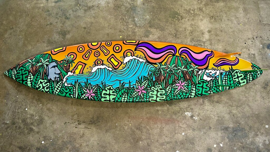 "Moai Sunset" -- Corners of the Sun original artwork on surf board by Lance Anderson