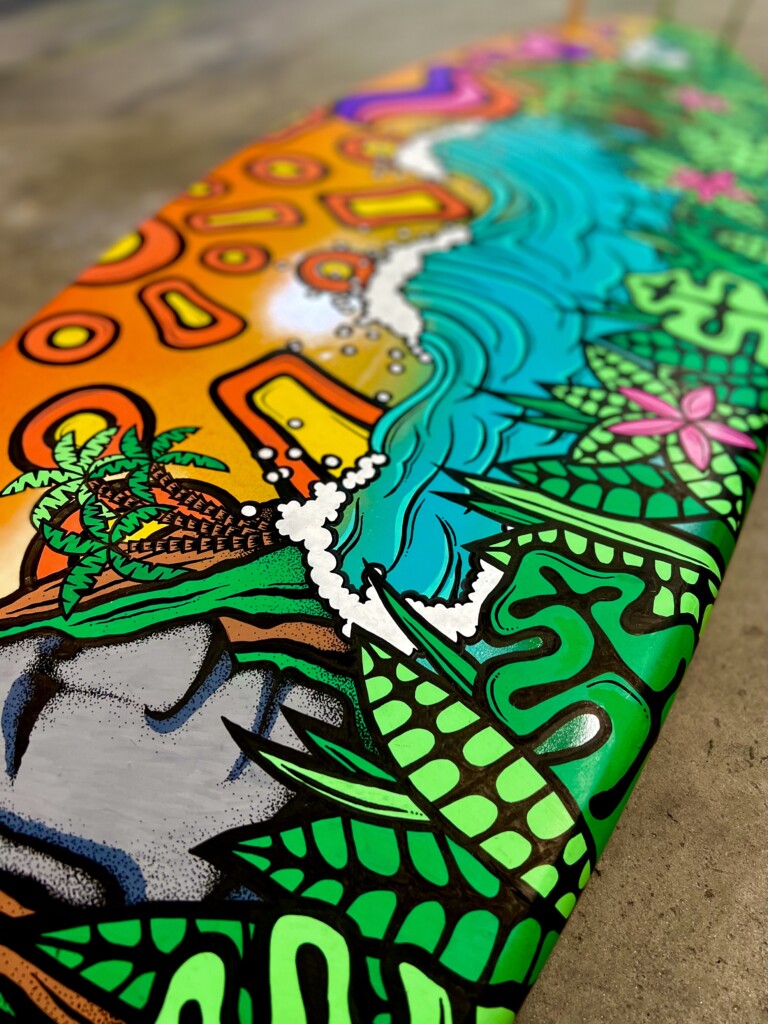 "Moai Sunset" -- Corners of the Sun original artwork on surfboard by Lance Anderson, detail